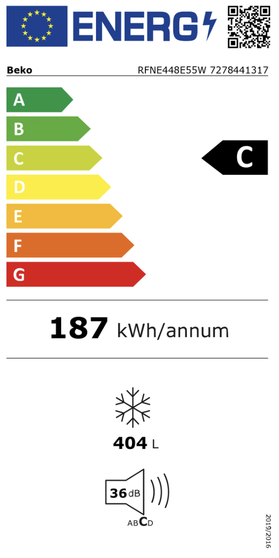 BEKO B7RFNE316W vrijstaande vriezer - 186cm