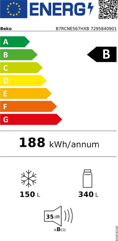 BEKO B7RCNE567HXB vrijstaande koel-/vriescombinatie - 192cm