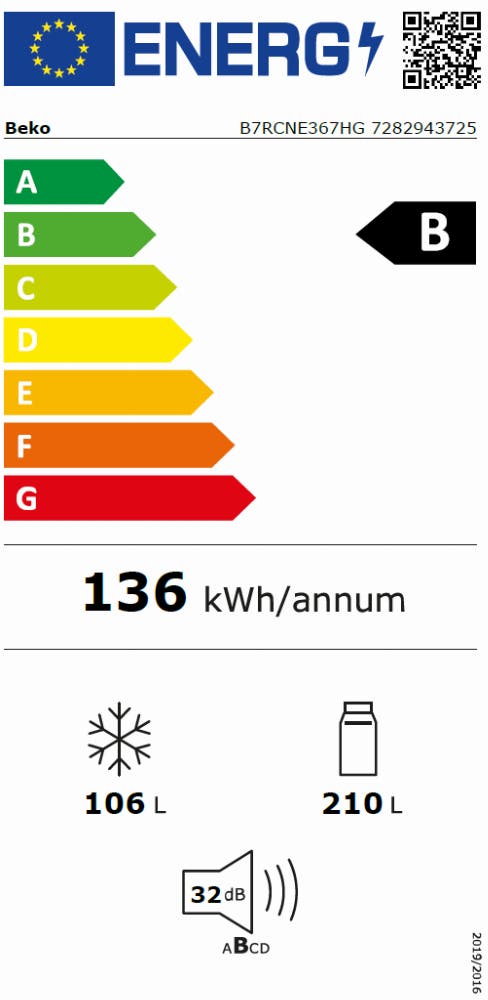 BEKO B7RCNE367HG vrijstaande koel-/vriescombinatie - 186cm