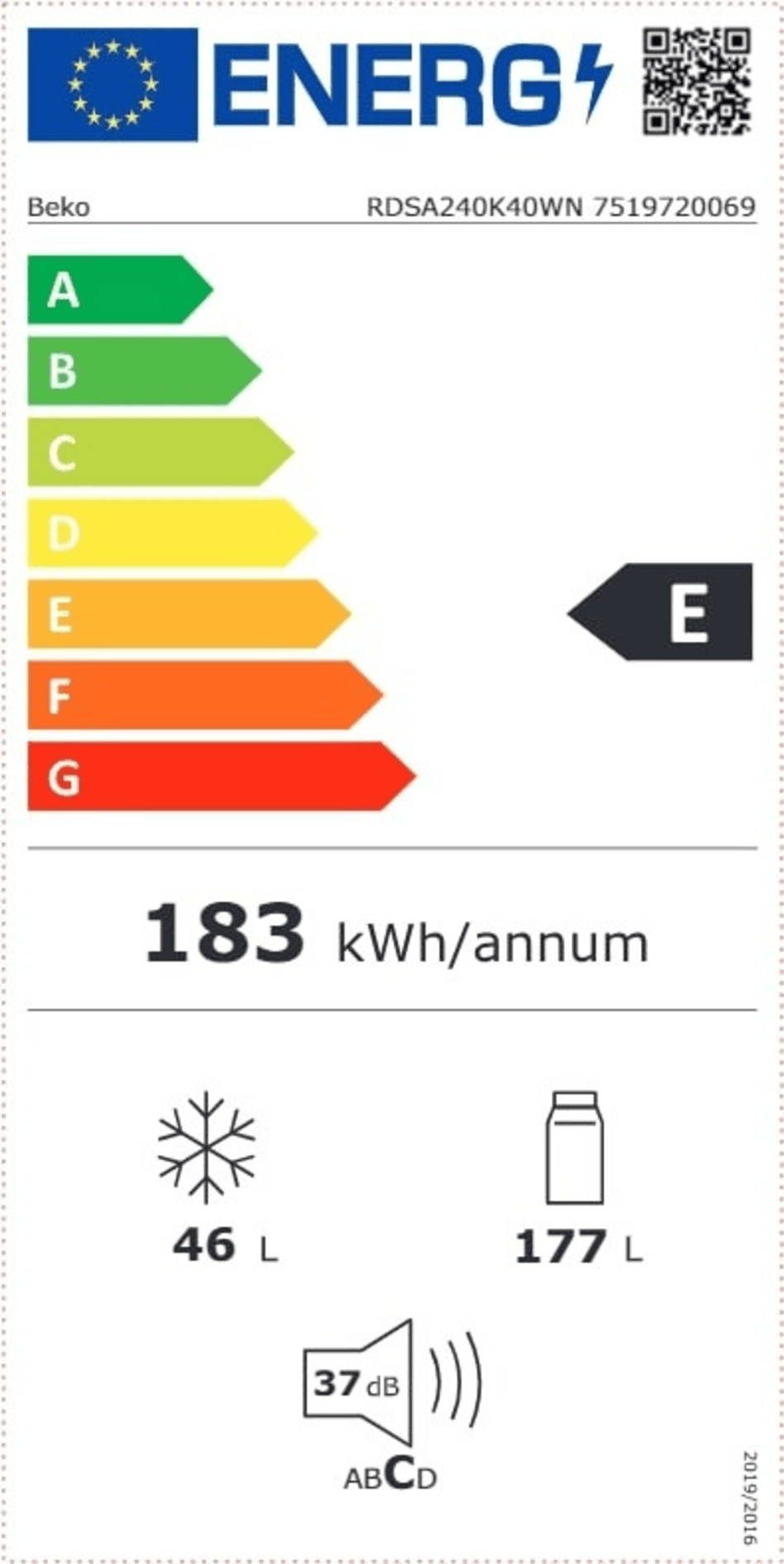BEKO RDSA240K40WN vrijstaande koel-/vriescombinatie - 146cm
