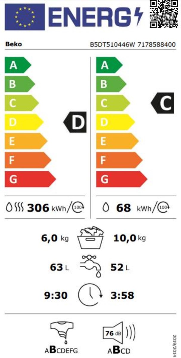 BEKO B5DT510446W was- droogcombinatie